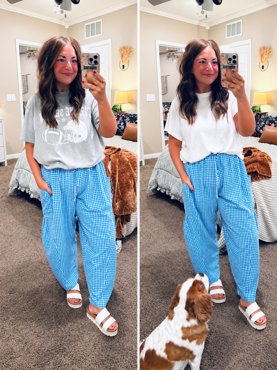 Comfy Amazon gingham pants styled two ways! 💙 Pair them with a graphic tee for game day or a simple white tee for a casual classroom look. Such a fun pop of blue!

#LTKootd #LTKMidsize #LTKWorkwear