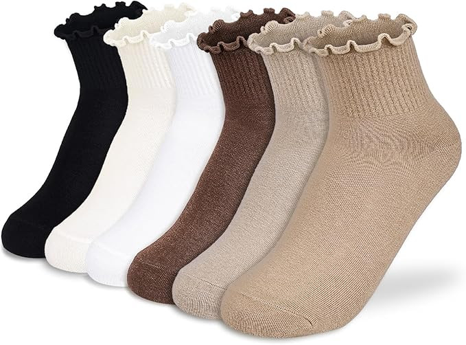 BIVOLU Womens Ankle Socks Ruffle Cotton Cute Frilly Trim Breathable Ankle Ruffled Socks 6 Pack | Amazon (US)