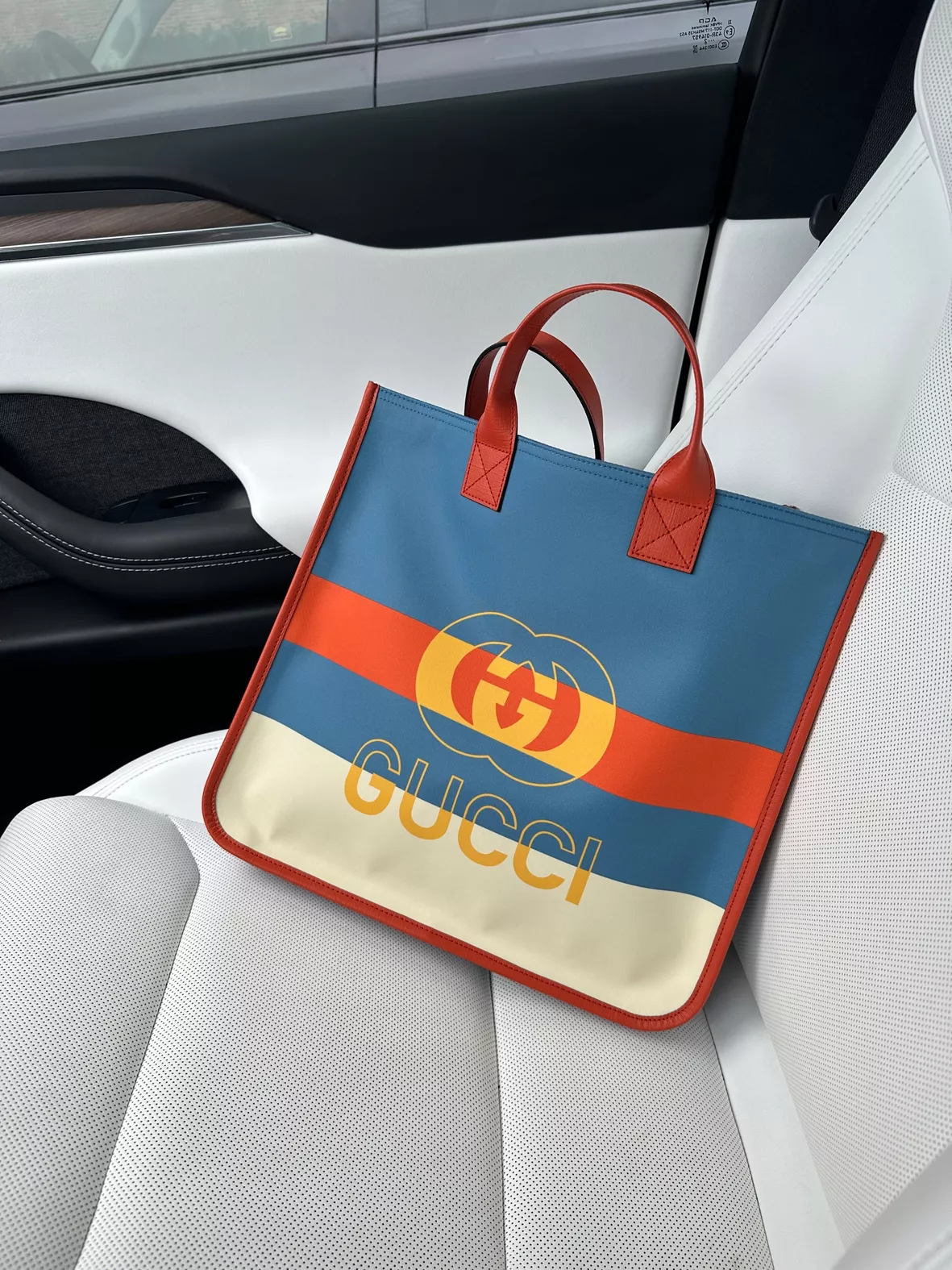 Children's Web Interlocking G tote bag in white, blue and orange