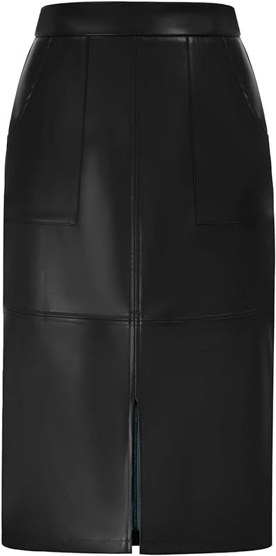 Kate Kasin Women's Solid PU Leather Front Split High Waist Bodycon Pencil Midi Skirt | Amazon (US)
