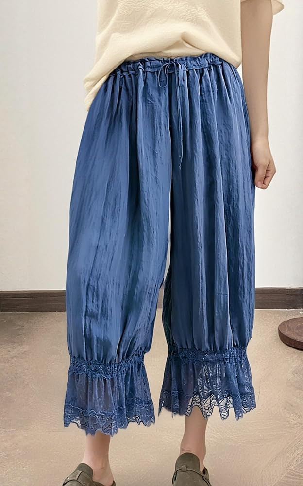 UAURORAO Women Lace Trim Long Bloomers Elastic Mid Rise Ruffle Pantaloons Cropped Flared Slips Pa... | Amazon (US)