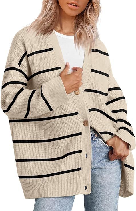 LILLUSORY Womens Open Front Lightweight Striped Cardigan Oversized Sweaters V Neck Knit Tops | Amazon (US)