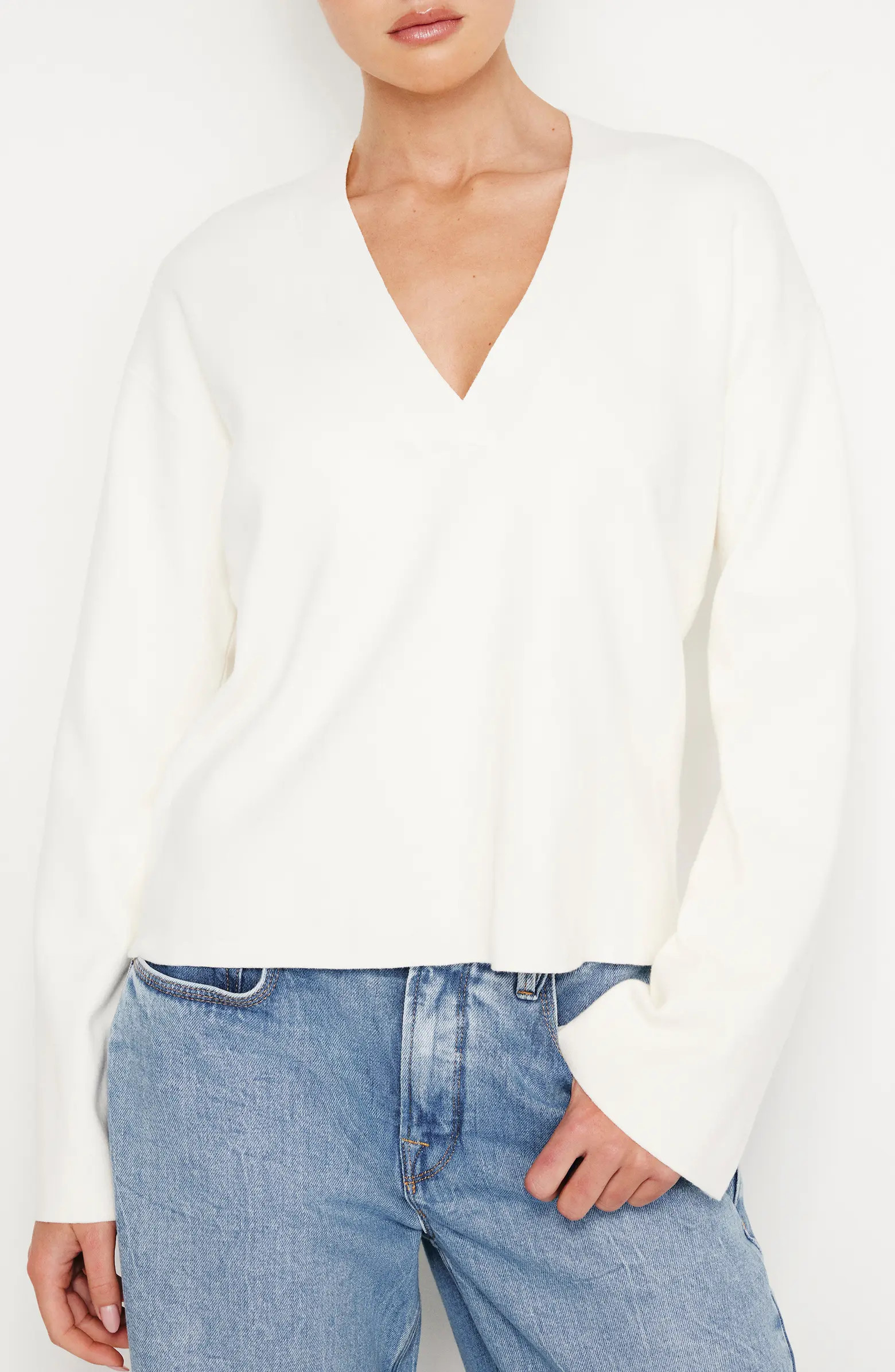 Good American V-Neck Boxy Cotton Blend Sweater | Nordstrom | Nordstrom