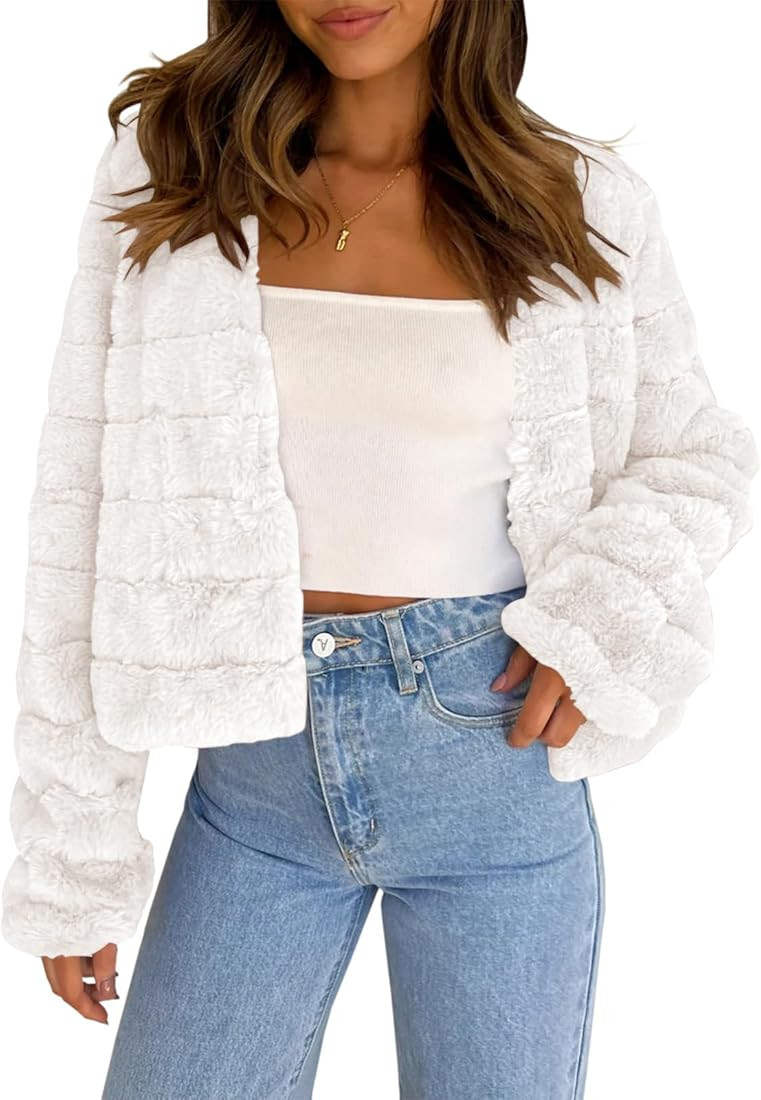 Fisoew Womens Cropped Faux Fur Jackets Long Sleeve Open Front Fluffy Short Coats | Amazon (US)