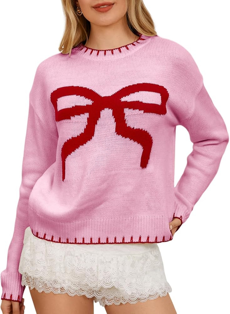MakeMeChic Women's Bow Knot Sweater Contrast Binding Long Sleeve Round Neck Pullover Knit Tops Wh... | Amazon (US)