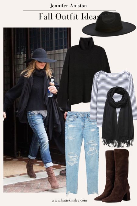 Jennifer Aniston fall outfit idea: janes, brown boots, black sweater, striped shirt, black hat, black scarf

#LTKSeasonal #LTKstyletip #LTKFind