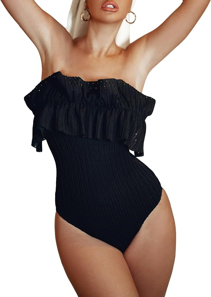 MakeMeChic Women's Ruffle Trim One Piece Swimsuit Tube Bathing Swimwear with Straps | Amazon (US)