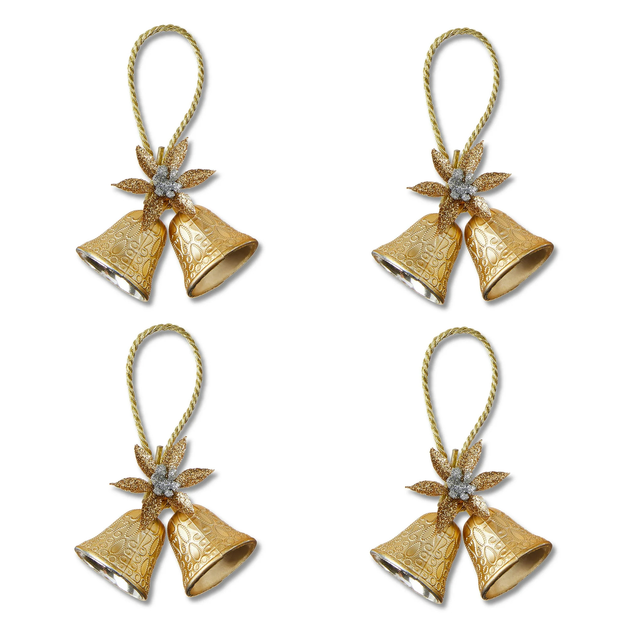 Gold Embossed Mini Double Bell with Poinsettia Christmas Ornament, 4 Count, by Holiday Time | Walmart (US)