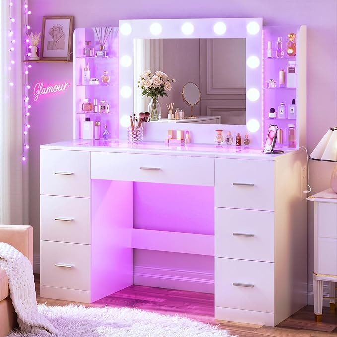 HUAHUU Vanity Desk with Mirror and Hollywood Lights, Makeup Vanity 6 Backlit Open Shelves with Fr... | Amazon (US)