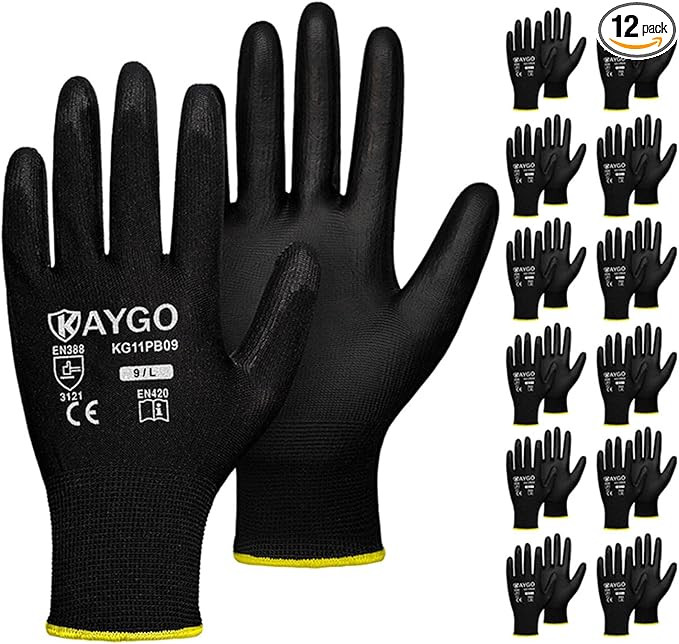 KAYGO Safety Work Gloves PU Coated-12 Pairs, KG11PB, Seamless Knit Glove with Polyurethane Coated... | Amazon (US)