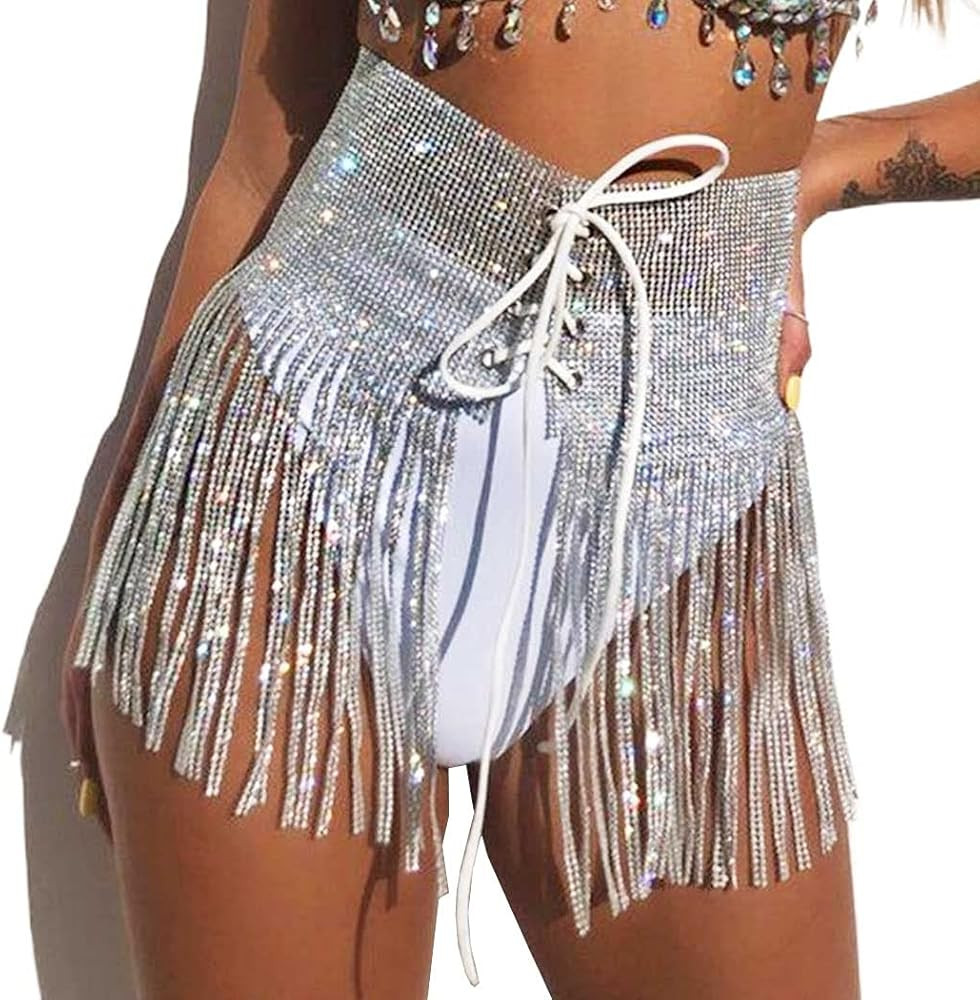 Yokawe Rhinestone Tassel Skirts Sparkly Crystal Nightclub Rave Party Hight Waist Mini Skirts for Wom | Amazon (US)