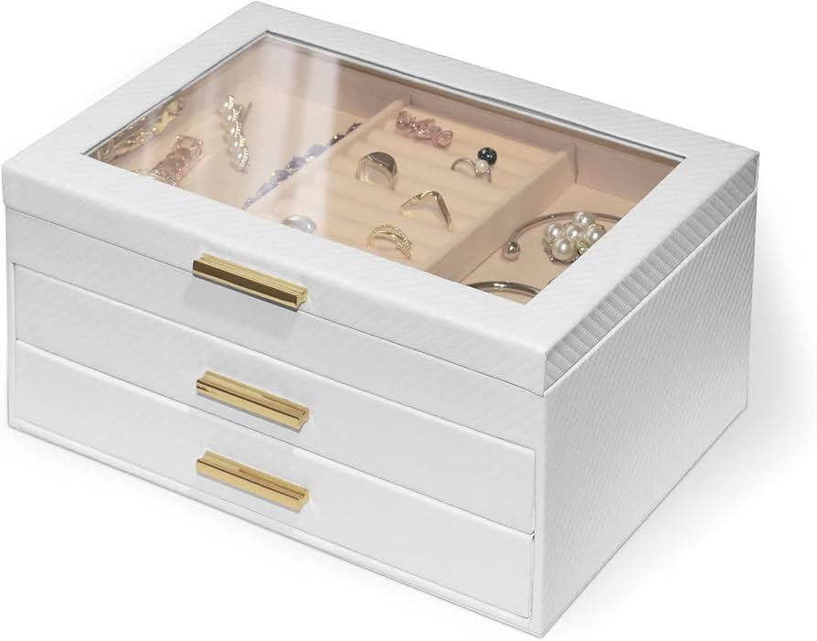 Plush Velvet Jewelry Organizer with 3 Drawers, Large Jewelry Boxes for Women with Clear Acrylic L... | Amazon (US)