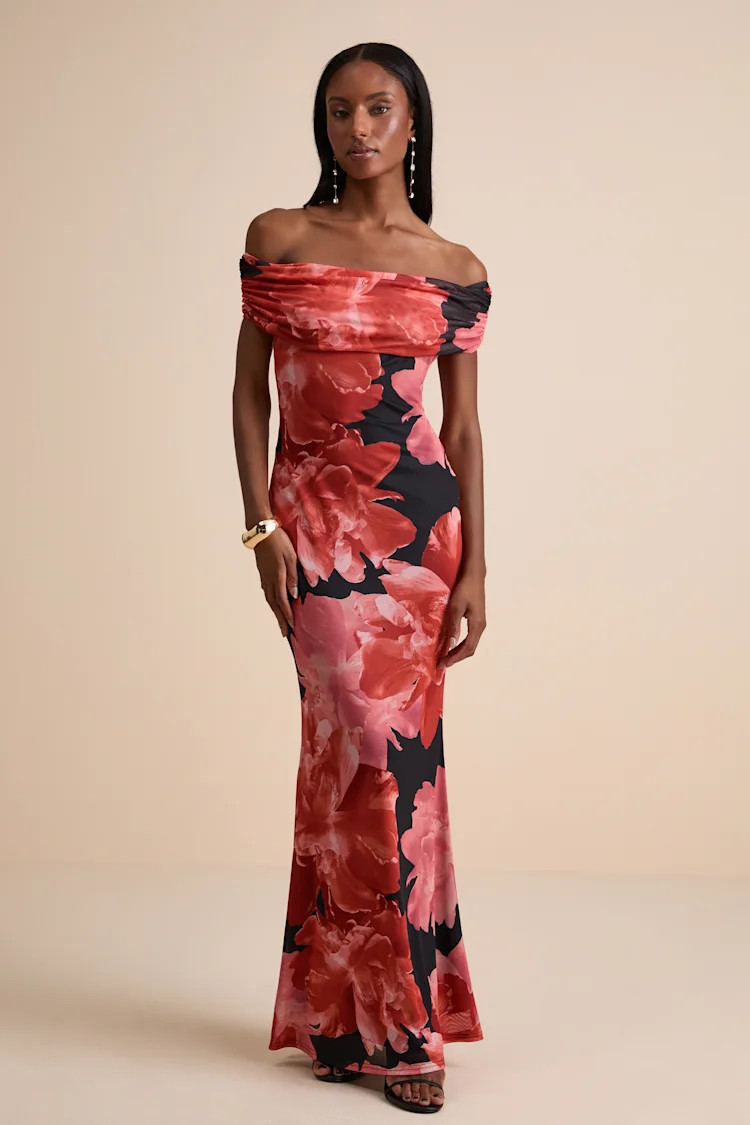 Dunia Black Floral Print Mesh Off-the-Shoulder Maxi Dress | Lulus