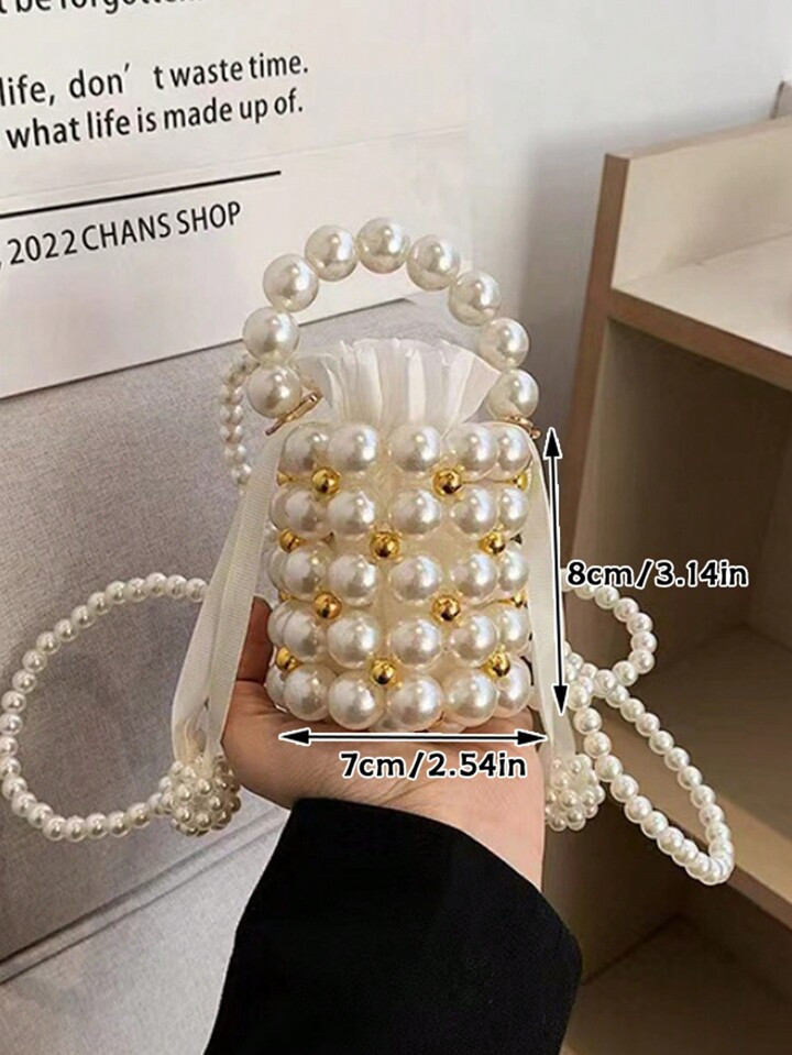Handmade Pearl Beaded Handbag, Mini Round Cylinder Shape, Gold & Silver Color Scheme, Simple And ... | SHEIN