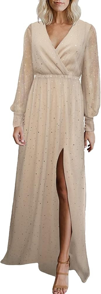 Bdcoco Women's V Neck Formal Gown Evening Dresses Long Sleeve Bridesmaid Maxi Dress with Slit | Amazon (US)