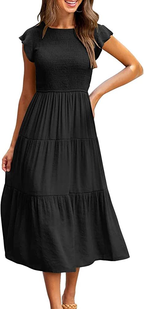 XPINYT Women's Summer Smocked Midi Dress Boho Flutter Short Sleeve Elastic Waist Tiered A-Line Dr... | Amazon (US)