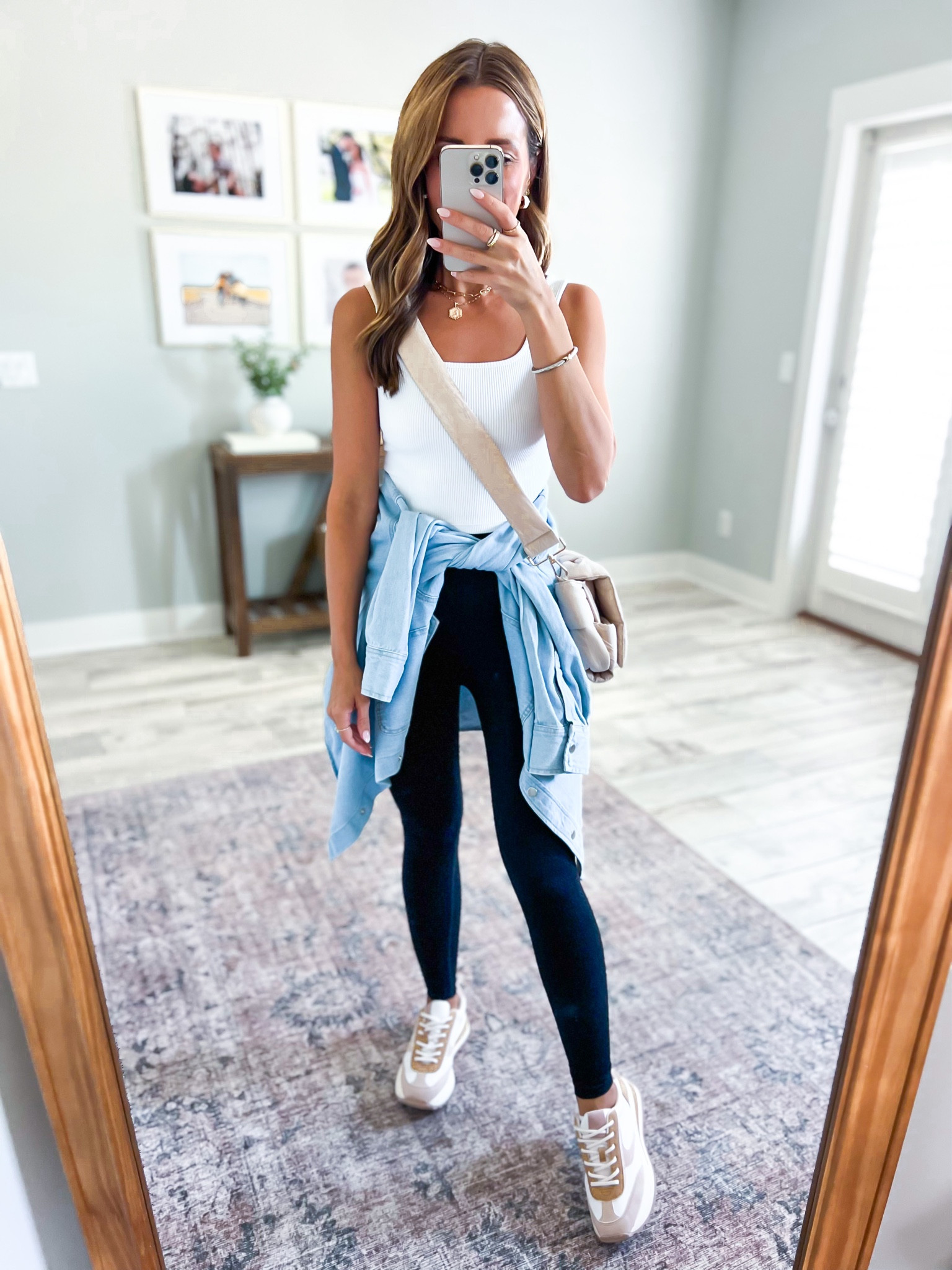 Target casual outfit. Target denim shirt (XS). Target textured seamless leggings (XXS) target seamless ribbed tank (XXS). Target neutral sneakers (TTS). Casual outfit. Fall outfit. Mom outfit. Travel outfit. Fall style. Amazon quilted purse. 

#LTKshoecrush #LTKtravel #LTKunder50