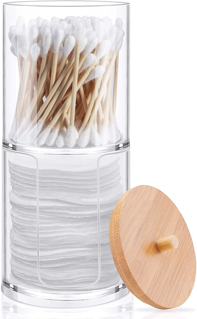 TCJJ Acrylic Cotton Round Pad Holder and Qtip Holder Dispenser Set with Bamboo Lid, Stackable, Cl... | Amazon (US)