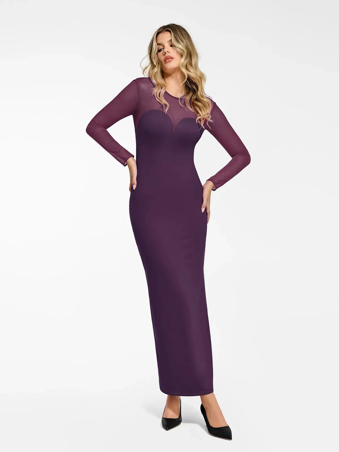 Shapewear Mesh Long Sleeve V-Back Slimming Maxi Dress | Popilush