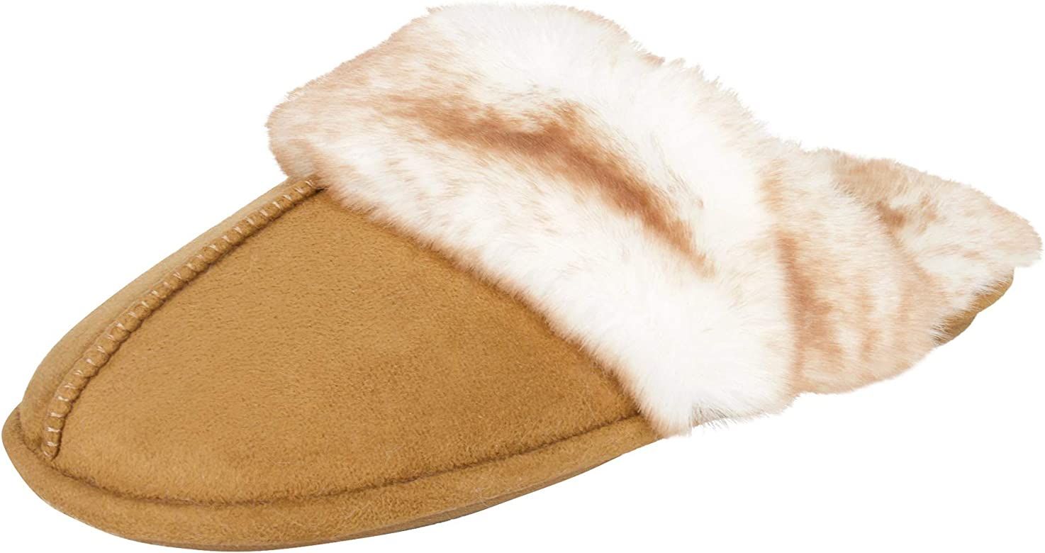 Jessica Simpson Women's Comfy Faux Fur House Slipper Scuff Memory Foam Slip on Anti-Skid Sole, Ta... | Amazon (US)