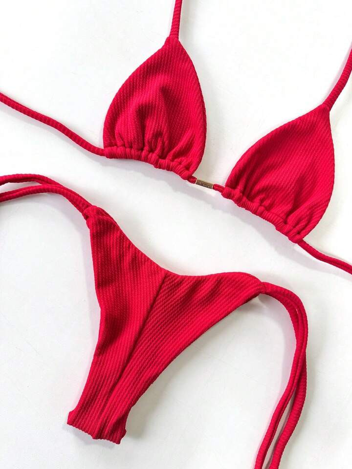 BIQUINI CORTININHA DE LACINHO COM AMARRAÇÃO CALCINHA FIO DUPLO - BIQUINE TEXTURIZADO Simples Casual Tie Back | SHEIN