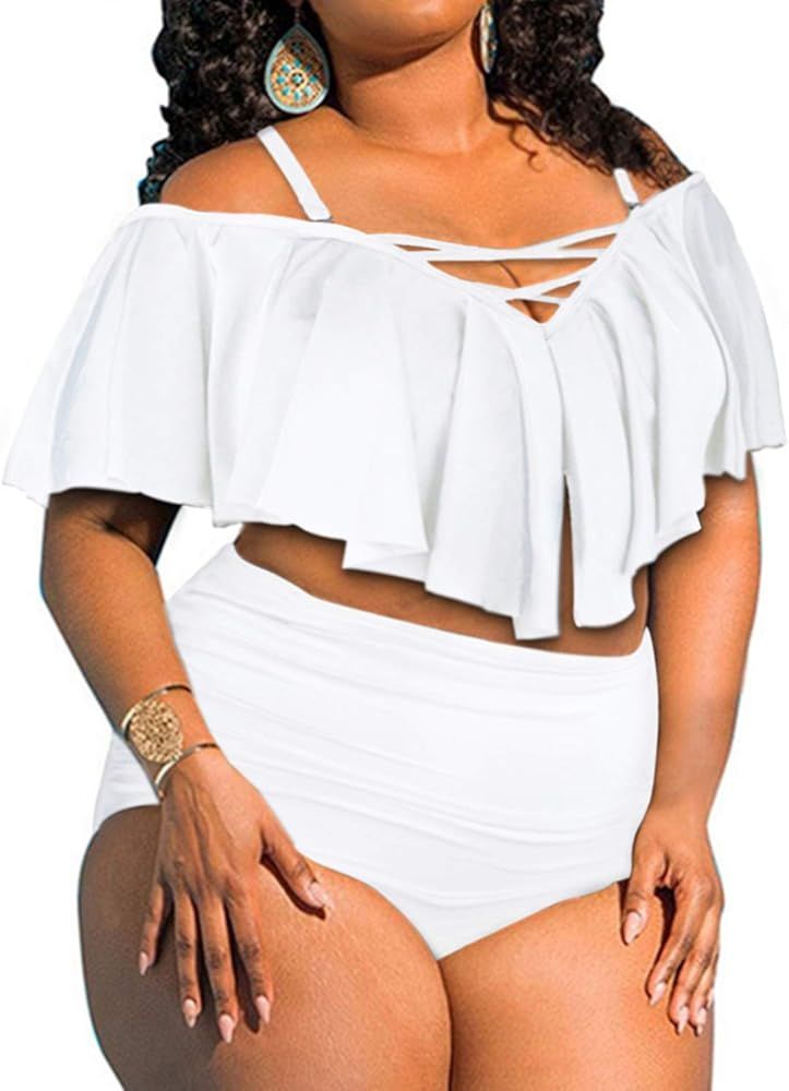 Aqua Eve Women's Plus Size 2 Piece Swimsuit Flounce Off Shoulder Bikini High Waisted Bathing Suits | Amazon (US)