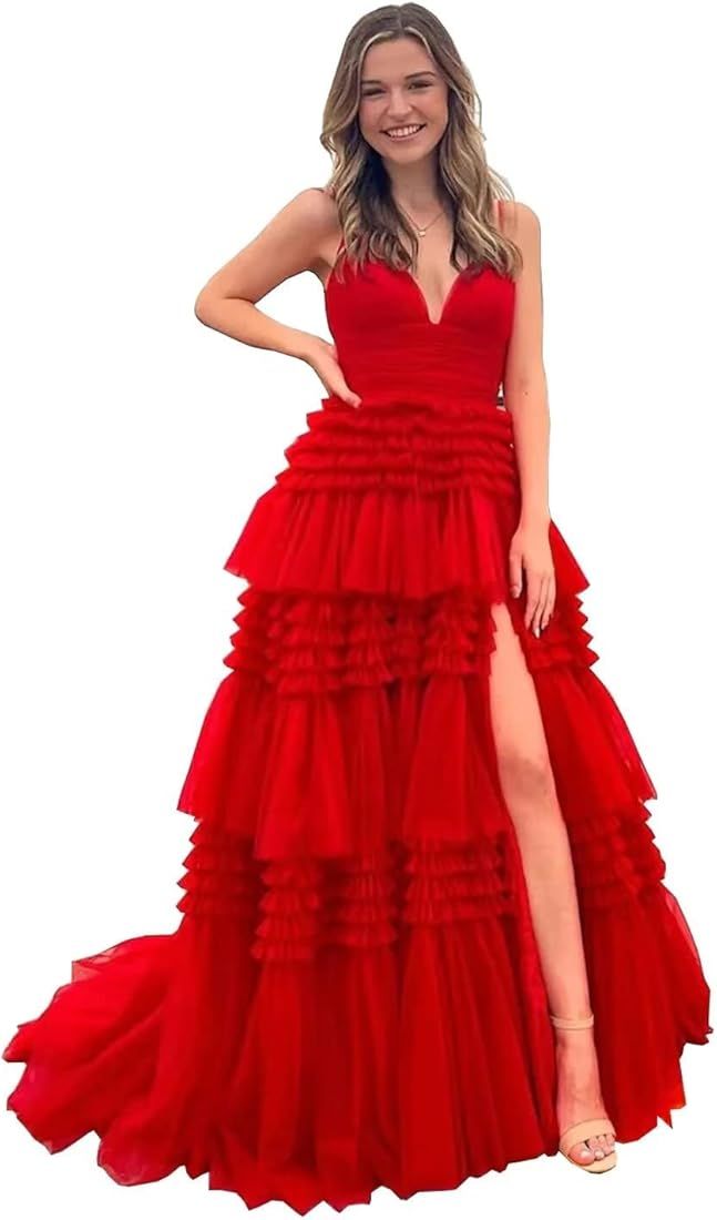 Tiered Glitter Tulle Prom Dresses for Women Princess Ball Gown Long Formal Evening Dress with Sli... | Amazon (US)