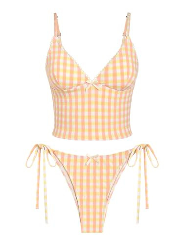 seamoly Gingham Picot Trim Bowknot Decor Tie Side Tankini Set,Orange,S | Amazon (US)
