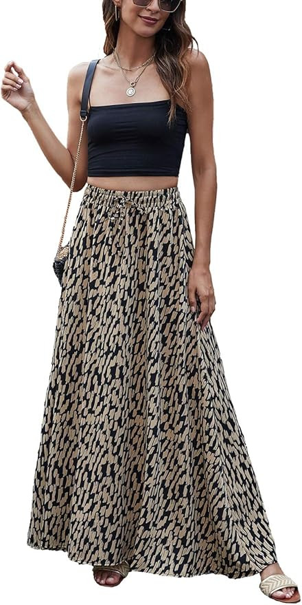 Bluetime Women Leopard Print Long Skirts Chiffon Summer Beach Pleated Elastic High Waisted Maxi Skir | Amazon (US)