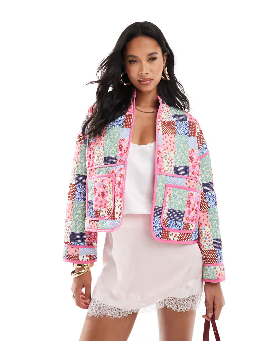 The Frolic exclusive quilted contrast trim jacket in pink patchwork print-Multi | ASOS (Global)