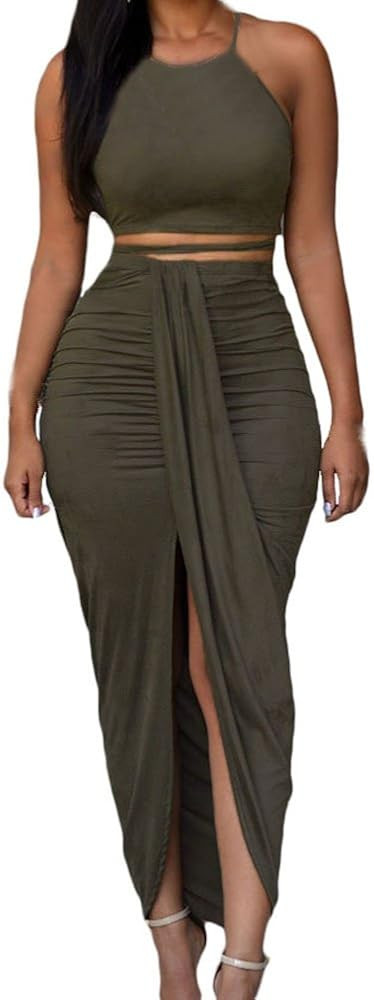 HUUSA Women's Sexy 2 Piece Skirt Sets Elegant Bodycon Maxi Dress Sleeveless Tank Shirt Tops High ... | Amazon (US)