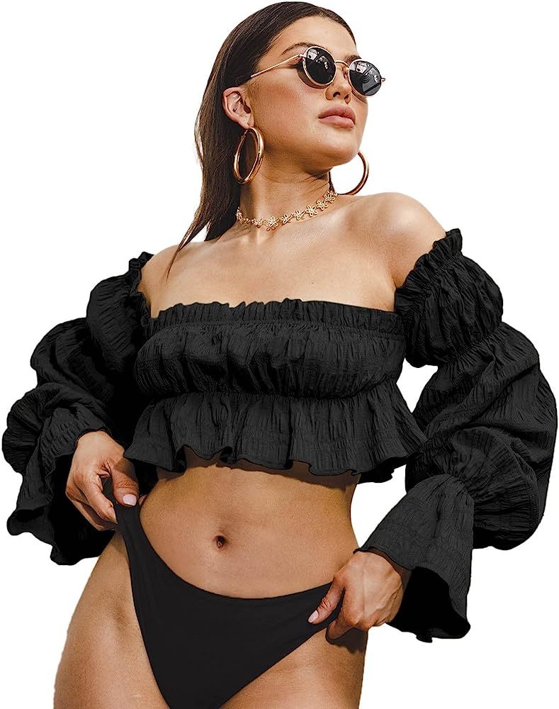 SheIn Women's Sexy Off Shoulder Ruffle Ruched Puff Sleeve Crop Top | Amazon (US)
