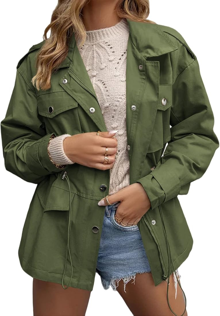 Womens Military Anorak Jackets Zip Up Parka Safari Utility Versatile Coat Snap Button Waist Draws... | Amazon (US)