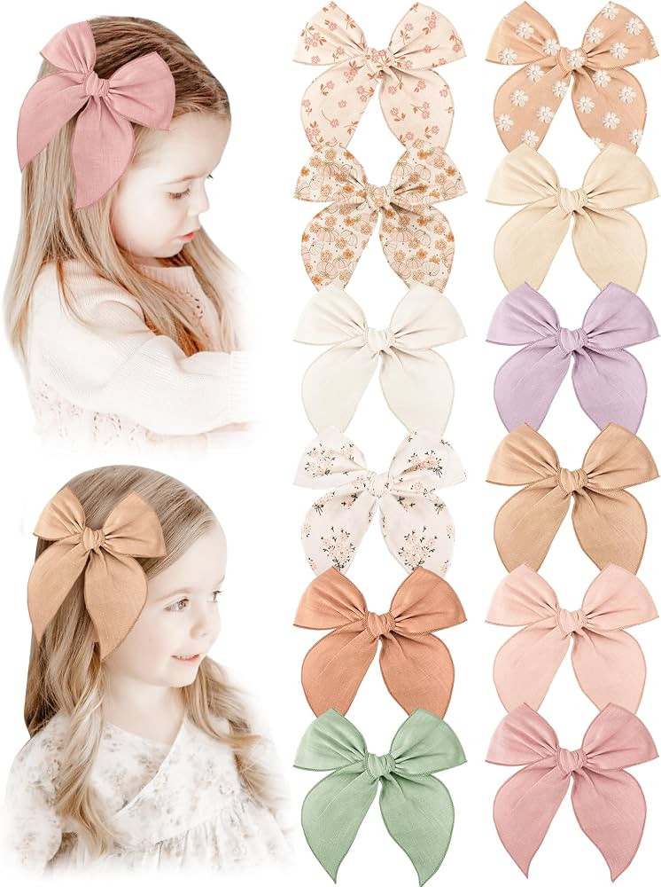 Pack of 12 Fable Girls Hair Bows Cotton Linen Alligator Hair Clips or Little Girls Toddlers Kids ... | Amazon (US)