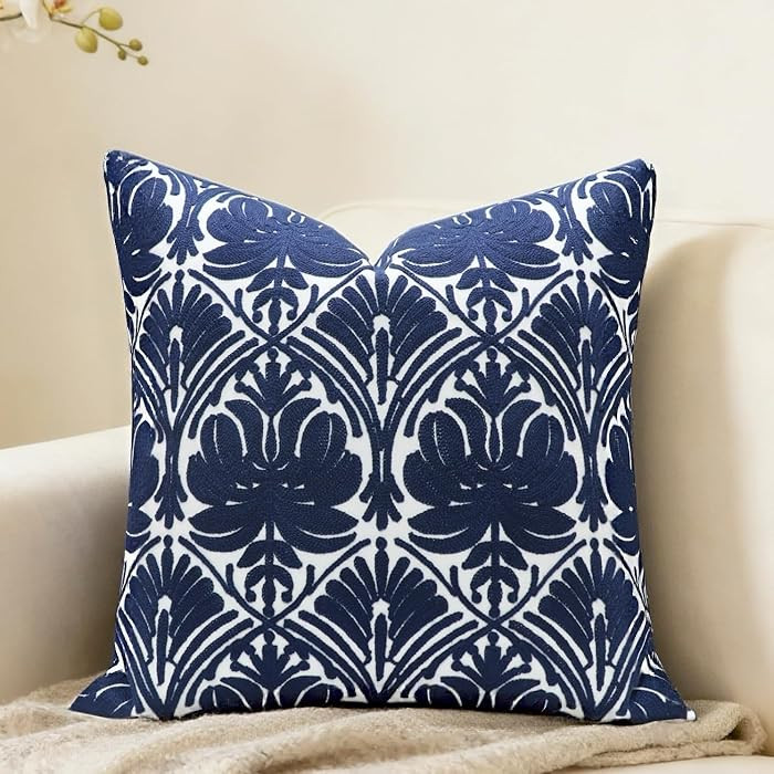 Slow Cow Embroidered Blue Throw Pillow Cover Geometric Decorative Cushion Covers for Sofa 18 x18 ... | Amazon (US)
