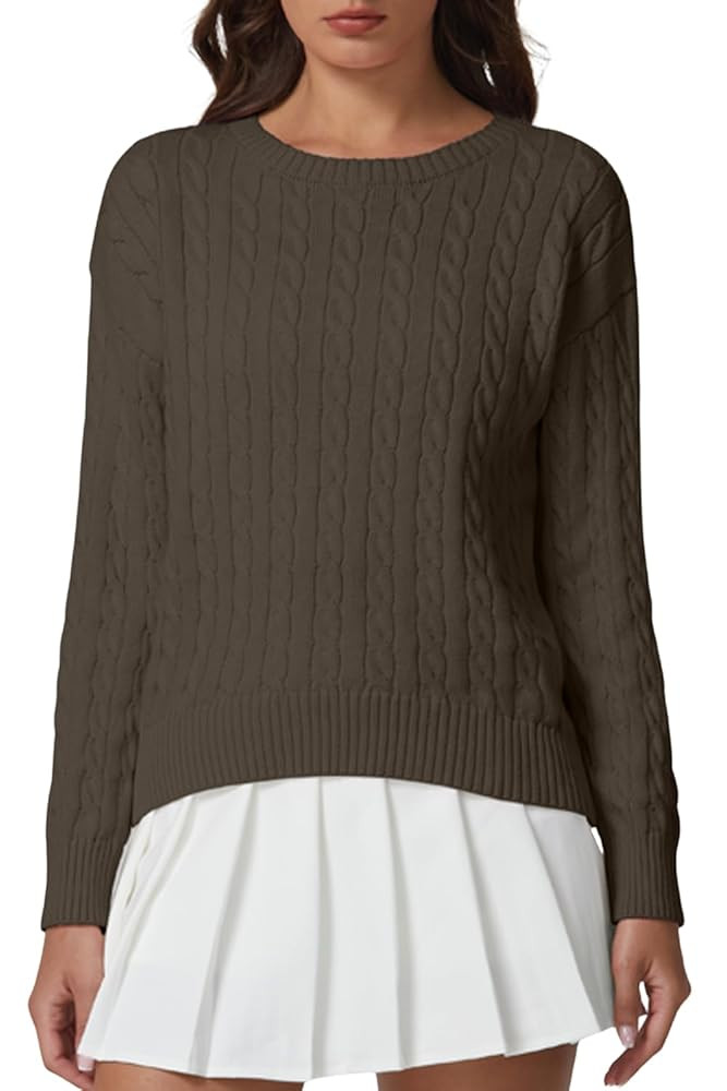 QINSEN Cable Knit Sweater for Women Long Sleeve 90s Vintage Ribbed Pullover Crewneck Sweater Tops | Amazon (US)