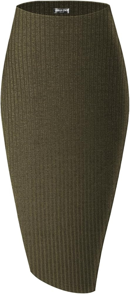 Urban CoCo Women's High Waist Stretch Ribbed Knit Pencil Skirt Midi Length with Side Slit Office ... | Amazon (US)