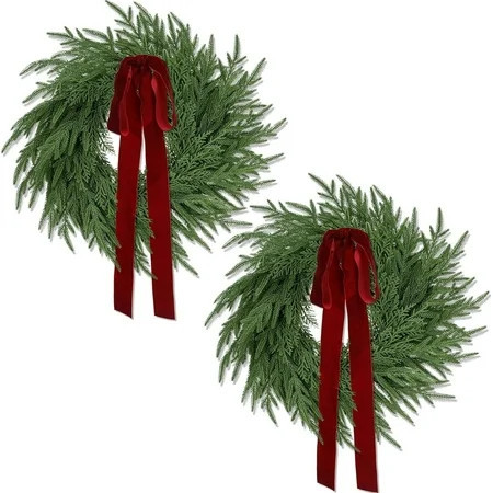 Guvpev 2 Pack Artificial Christmas Wreaths for Front Door, 24" Norfolk Pine & Cedar Greenery Wreath with Red Bows, Real Touch Holiday Wreaths for Indoor Outdoor Christmas Decorations, Seasonal Decor | Walmart (US)