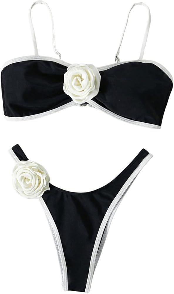 OYOANGLE Women's 2 Piece Color Block 3D Rose Spaghetti Strap Bikini Swimsuit High Cut Bathing Sui... | Amazon (US)