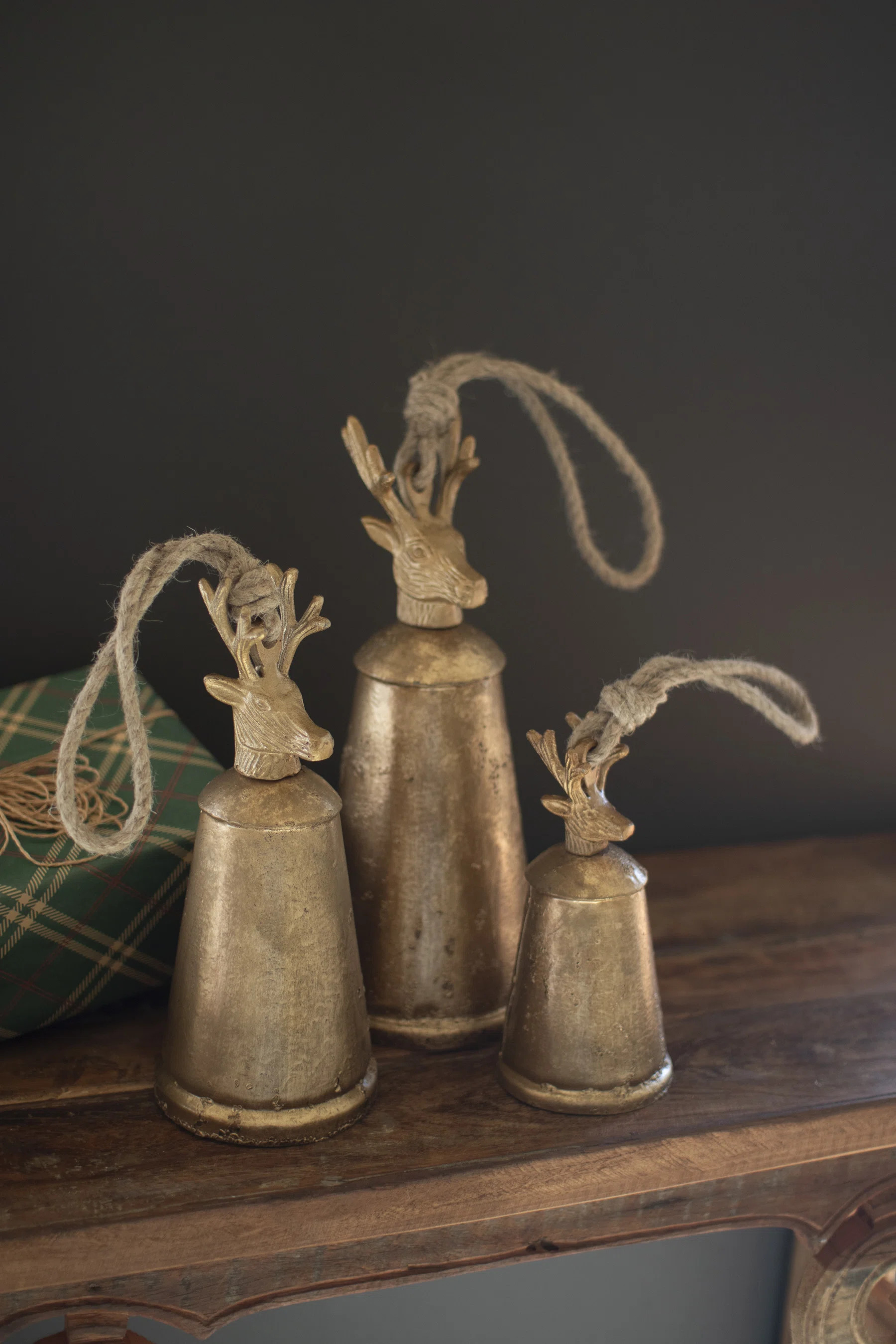 SET OF 3 ANTIQUE GOLD METAL CHRISTMAS BELLS W DEER FINIALS | Wayfair North America