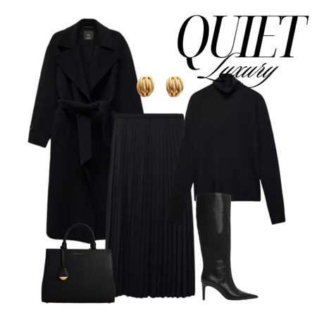 Quiet Luxury styling with a pleated midi skirt, rollneck sweater, wool coat, boots, structured bag and gold crossover earrings

#LTKstyletip #LTKfindsunder100 #LTKMostLoved