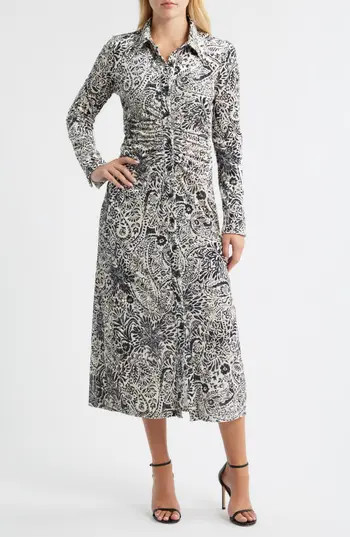 Julia Jordan Print Long Sleeve Velvet Midi Shirtdress in Ivy/blk at Nordstrom Rack, Size 10 | Nordstrom Rack