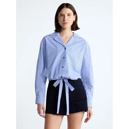 Free Assembly Women's and Women's Plus Cotton Poplin Tie Waist Shirt with Long Sleeves, Sizes XS-4X | Walmart (US)