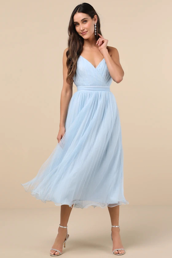 Exemplary Aura Light Blue Tulle Surplice Midi Dress | Lulus