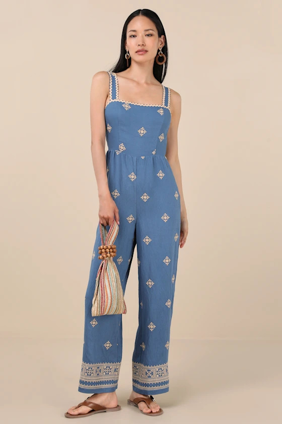 Arwen Blue Embroidered Wide-Leg Jumpsuit | Lulus