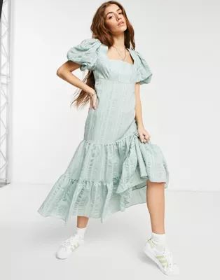 Ever New puff sleeve square neck midaxi smock dress with bow back in soft mint | ASOS (Global)