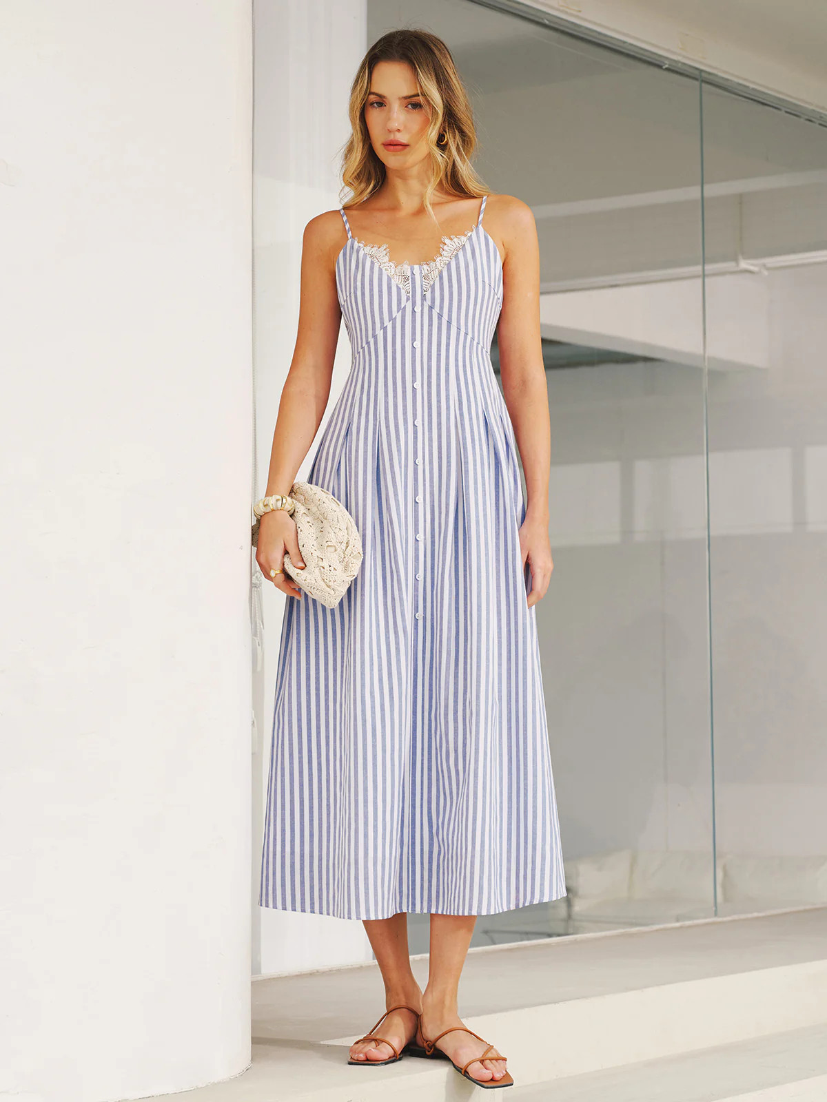 Lace Trim Striped Cami Maxi Dress | Commense