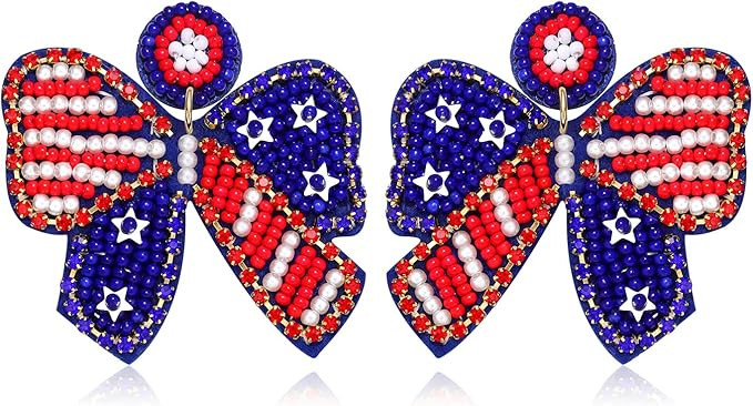 4th of July Earrings Beaded American Flag Star Dangle Earrings for Women Handmade Independence Da... | Amazon (US)