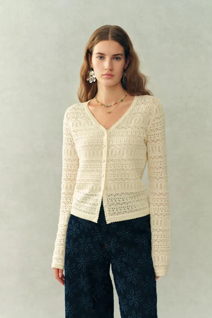 Vila Openwork Textured Lace-Trim V-Neck Cardigan In Fine Cotton Yarn K | Fabrique