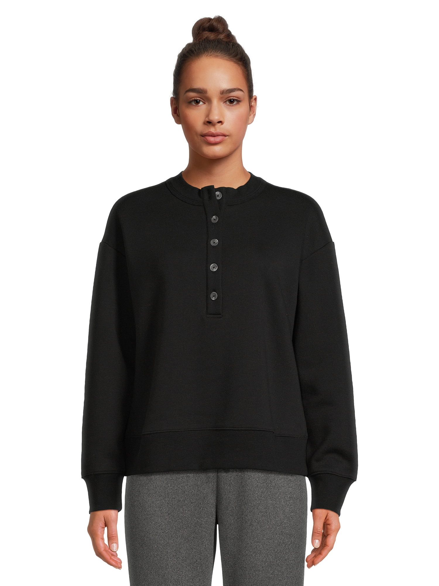Time and Tru Women's Fleece Henley Pullover Sweatshirt with Long Sleeves, Sizes XS-XXXL | Walmart (US)